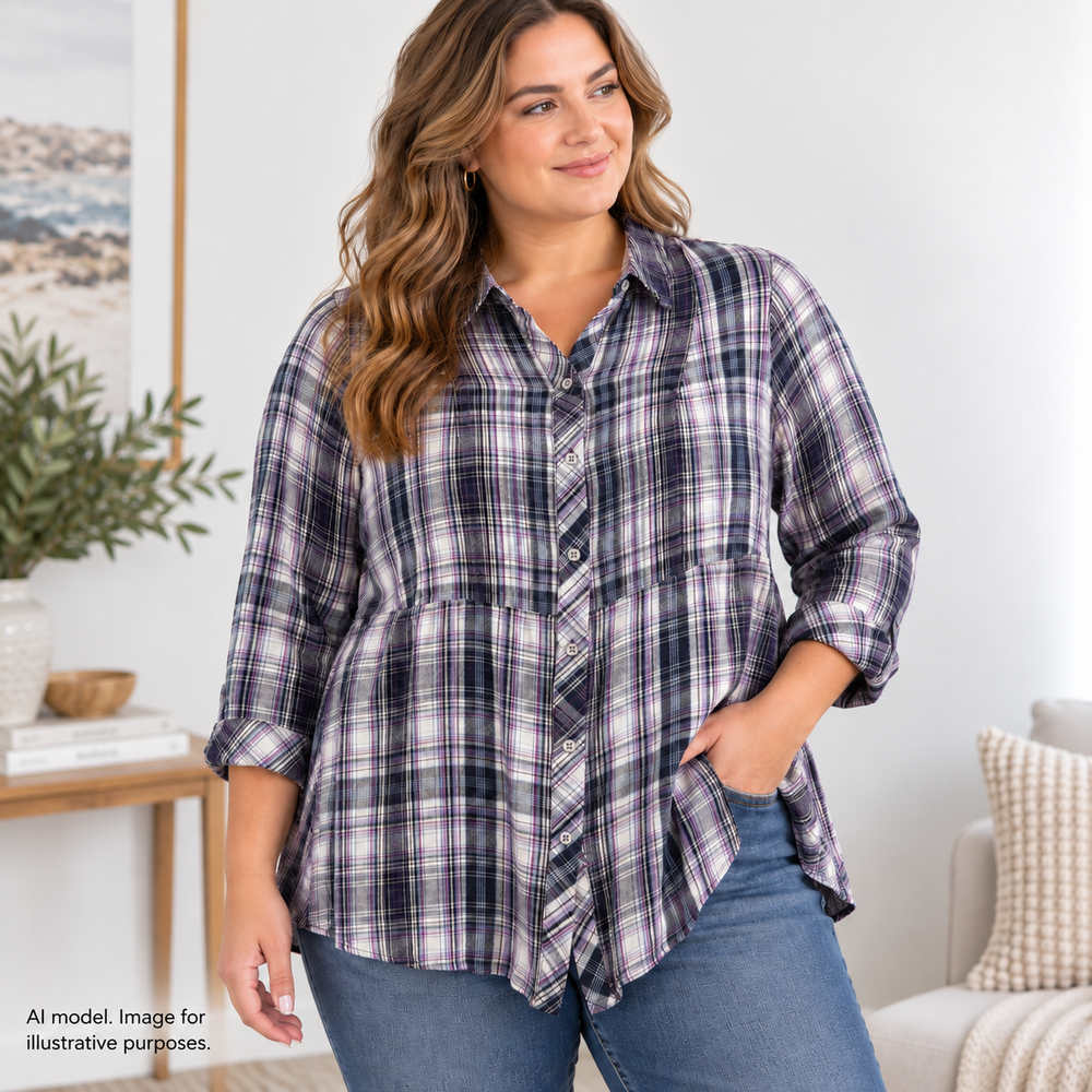 J Jill Shirt Womens 1X Plaid Button Down Long Sleeve Rayon Tunic Top